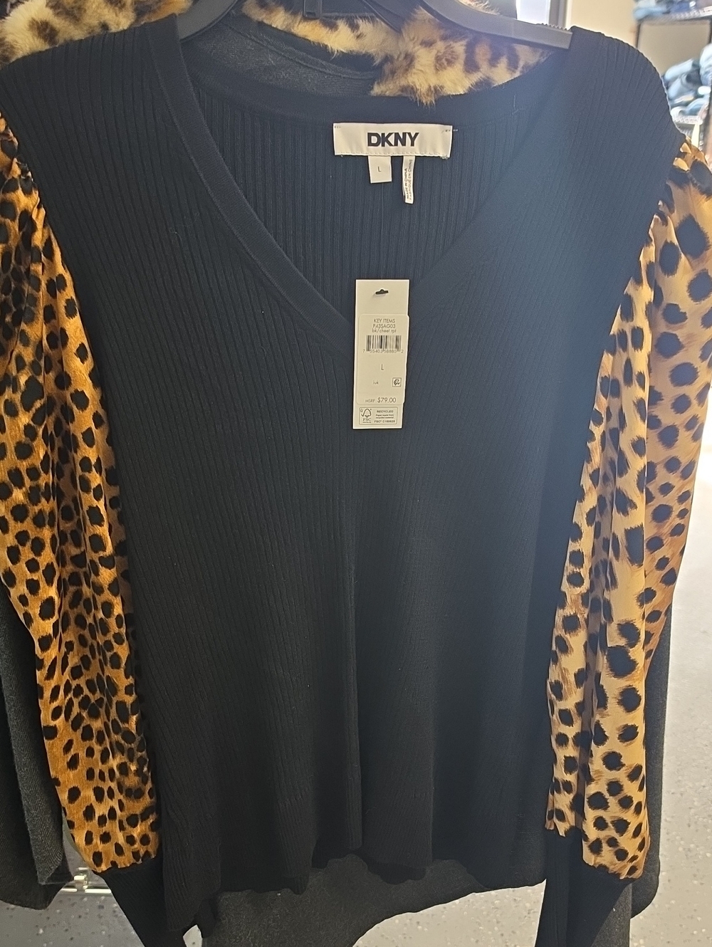 DKNY Black V-Neck Dress with Leopard Print Gold/Brown Sleeves